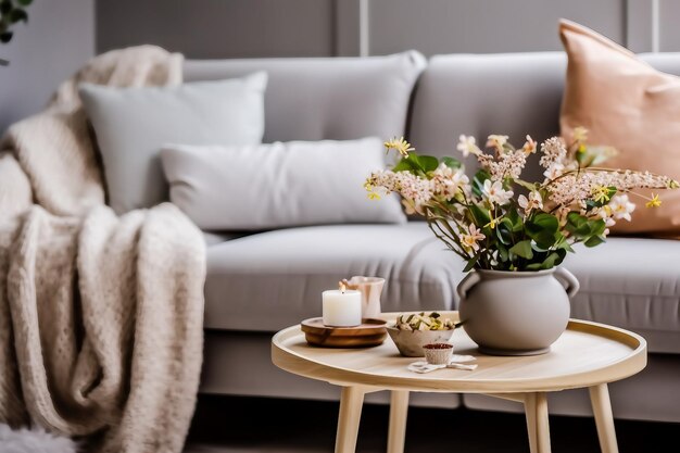 Diseño interior de sala de estar escandinava con elegante sofá gris, mesa de café, decoración de flores de primavera, almohadas, bandeja a cuadros y elegantes accesorios personales en una decoración moderna del hogar