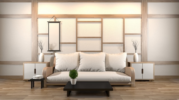 Diseño interior. Sala de estar con mesa baja, almohada, marco, lámpara en el piso de madera.