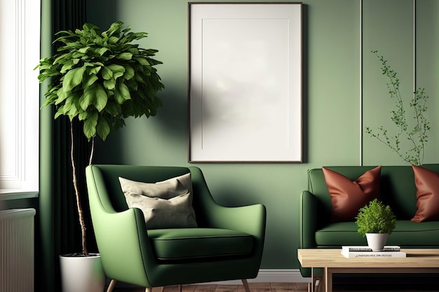 Diseño interior de sala de estar con mesa de café y sillón verde marco de póster simulado en la pared Diseño del hogar