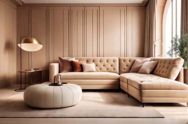 Diseño interior de una sala de estar moderna con sofá beige en una habitación con pared de madera beige
