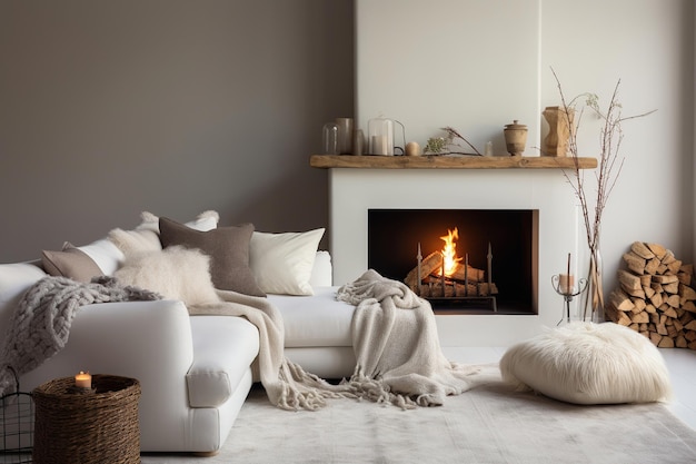 Diseño interior de sala de estar moderna con sofá blanco con almohadas y manta de lana cerca de la chimenea