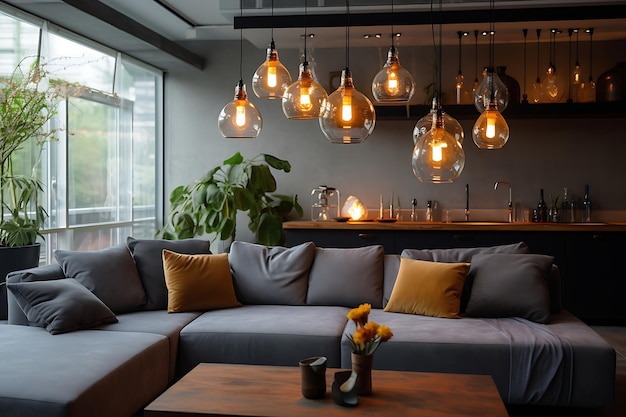 Diseño interior de sala de estar moderna con sofá, mesa de café, lámpara de mesa de café y plantas.