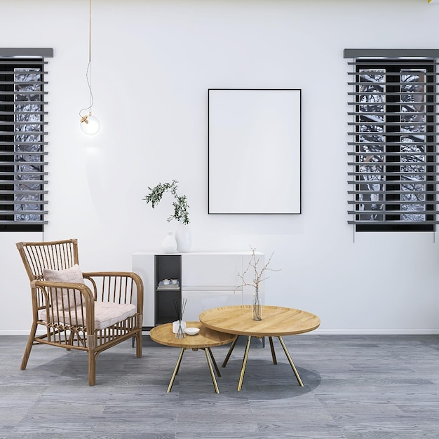 Diseño interior de sala de estar moderno y minimalista con maqueta de marco de fotos en blanco, sillón, ventanas