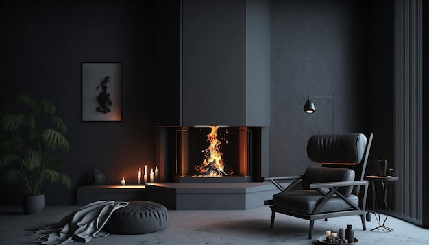 Diseño interior de sala de estar negra de lujo con chimenea y sofá IA generativa