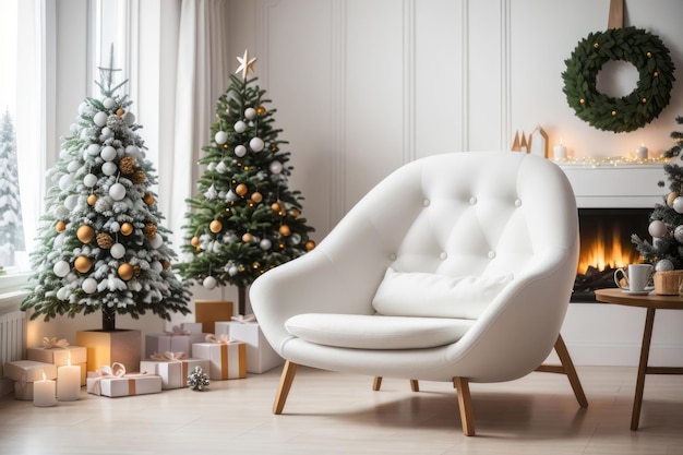 Diseño interior de la sala de estar con silla de acurrucamiento blanca y decoración de invierno del árbol de Navidad