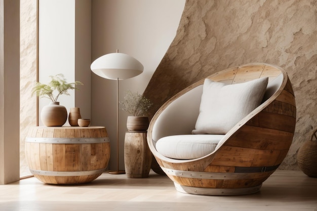 Diseño interior de la sala de estar con silla de barril de madera y muebles de madera y plantas de interior