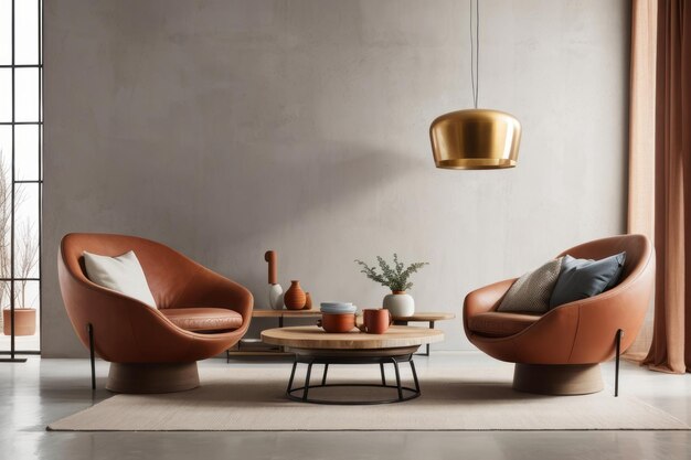 Diseño interior de la sala de estar con sillón de cuero de terracota y mesa redonda de madera