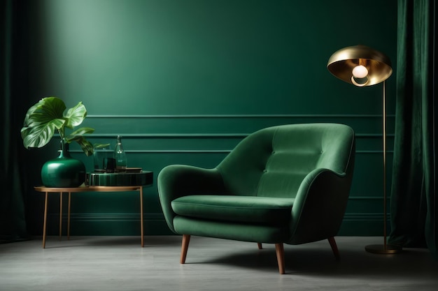 Diseño interior de la sala de estar con sillón verde en una pared verde oscuro vacía