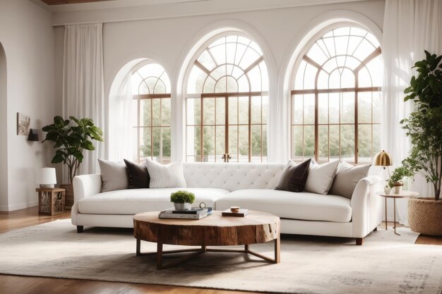 Diseño interior de la sala de estar con sofá blanco y mesa de sello de madera cerca de la ventana del arco