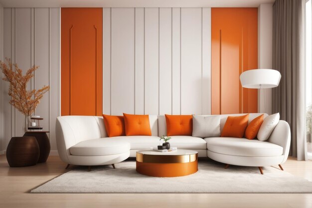 Diseño interior de la sala de estar con sofá blanco, sillón y decoración naranja