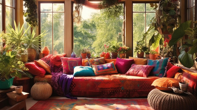 diseño interior de una sala de estar con sofá de colores y cojines