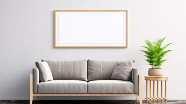 Diseño interior de una sala de estar con un sofá, un cuadro y lámparas AI generado
