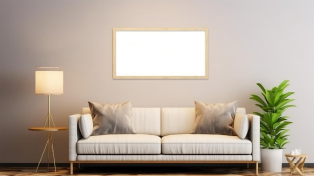 Diseño interior de una sala de estar con un sofá, un cuadro y lámparas AI generado
