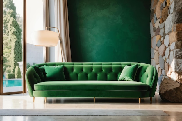 Diseño interior de la sala de estar con sofá de terciopelo verde vibrante y ventana arqueada