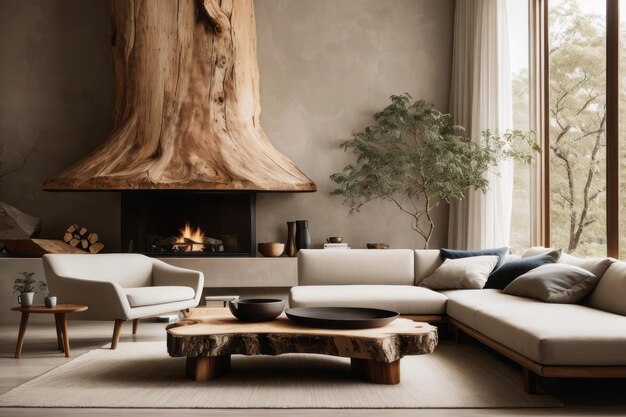 Diseño interior de la sala de estar con tronco de árbol sofá de mesa de borde de madera y chimenea