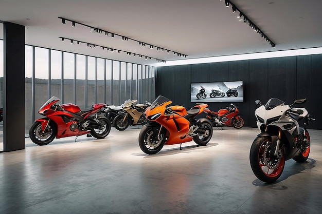 Diseño interior de sala de exposiciones de motocicletas con fondo de color tono oscuro producto con un espacio de copia