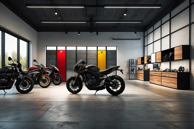 Diseño interior de sala de exposiciones de motocicletas con fondo de color tono oscuro producto con un espacio de copia