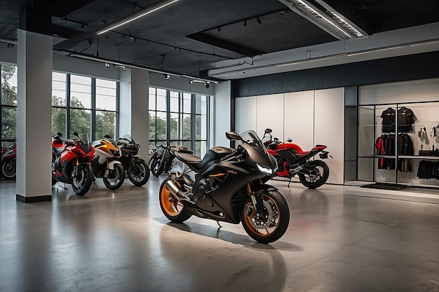 Diseño interior de sala de exposiciones de motocicletas con fondo de color tono oscuro producto con un espacio de copia