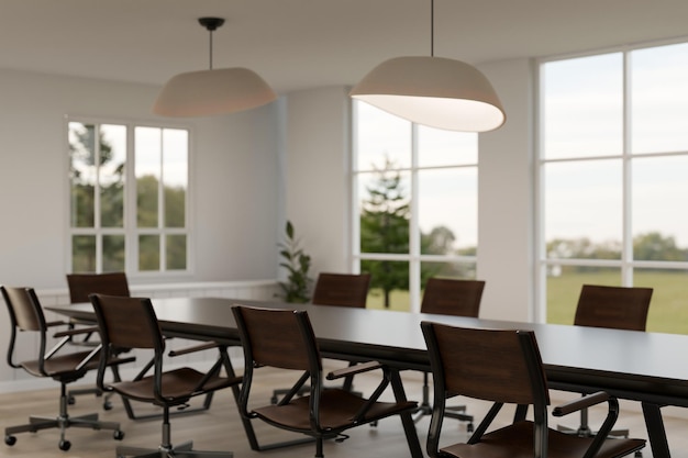 Diseño interior de una sala de reuniones moderna con sillas de mesa de reunión y elegantes luces colgantes