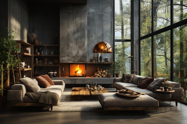 Diseño interior de salón moderno con chimenea y muebles de madera