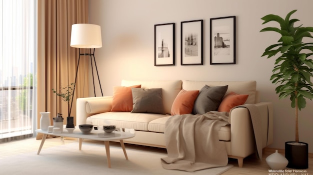 Diseño interior de salón moderno con sofá y cojines de tela beige.