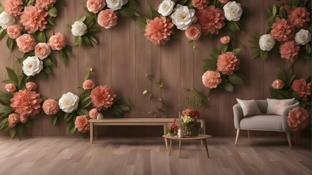 Diseño interior de salón con paredes de madera y flores renderizado 3D