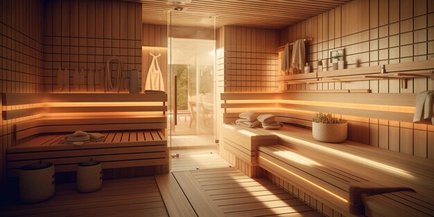 Foto diseño interior de una sauna minimalista a leña