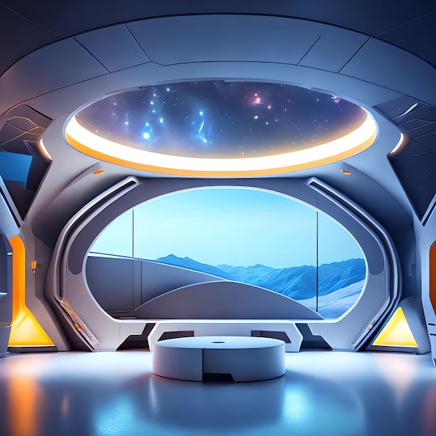 Diseño interior de superficie dura futurista del arte generativo de la sala de estar de la nave espacial por AI