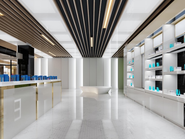 Diseño interior de una tienda de perfumería y cosmética en blanco y negro con renderizado 3D de elementos dorados