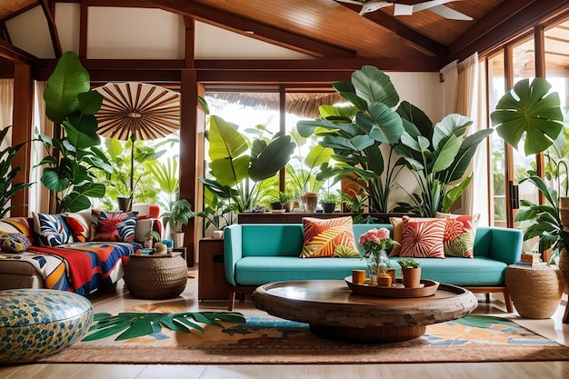 Diseño interior tropical de sala de estar.