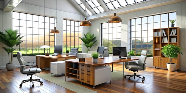 Diseño de interiores en 3D Sala de oficina Escritorios de oficina con sillas de oficina Concepto de lugar de trabajo