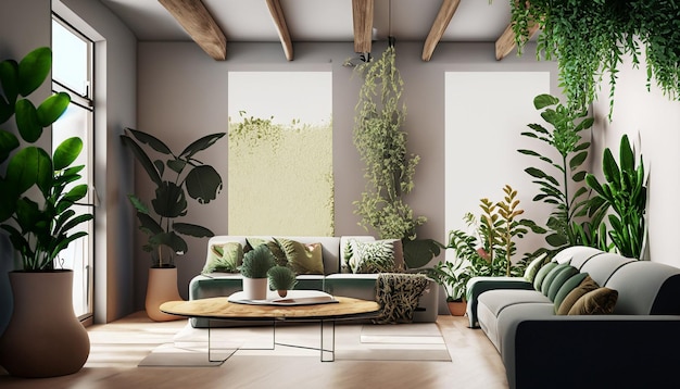 diseño de interiores de alta resolución sala de estar con una planta