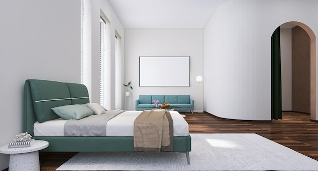 Diseño de interiores de apartamentos modernos con cama, sofá, marco de fotos, maqueta, mesa de centro, ventanas