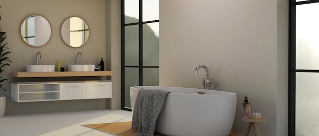 Diseño de interiores de baño blanco moderno y contemporáneo con bañera de lujo, lavabo doble y espejo