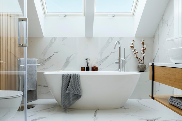 Diseño de interiores de baño elegante con paneles de mármol. Bañera, toallas y otros accesorios personales de baño. Concepto interior de glamour moderno. Ventana de techo. Plantilla.