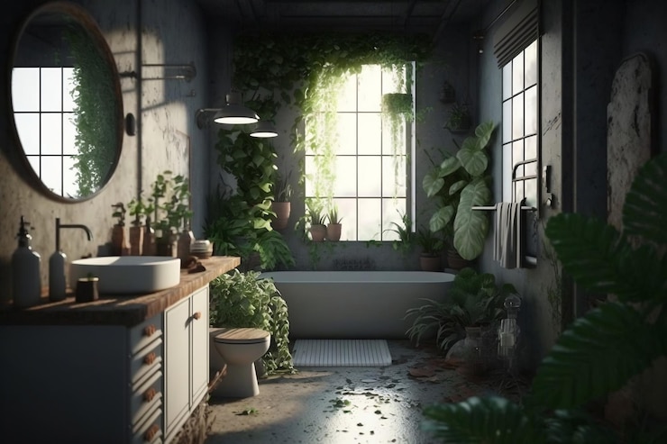 Diseño de interiores de baño estilo jungla urbana AI generativo