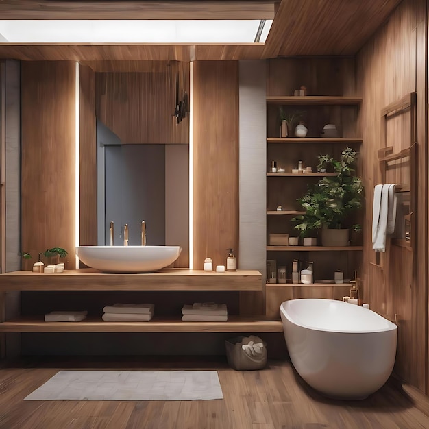 Diseño de interiores de baño Japandi con muebles de madera