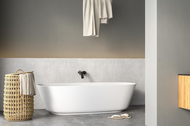 Diseño de interiores de baño Loft moderno, bañera blanca, suelo de hormigón, luz solar, plantas, cesta, toalla