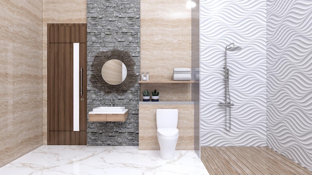 Diseño de interiores de baño moderno con concepto de espacio seco y húmedo