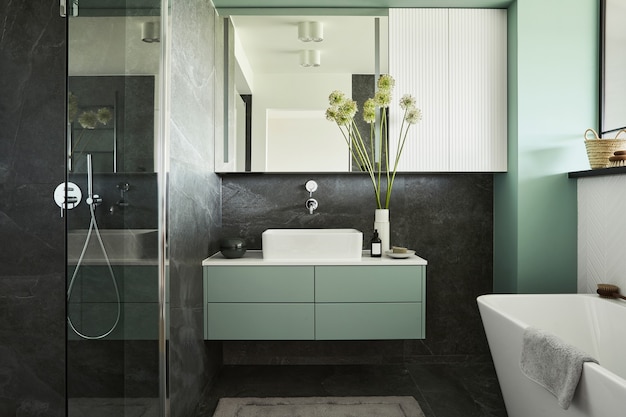 Diseño de interiores de baño pequeño minimalista elegante y creativo con paredes de mármol con paneles verdes, plantas y hermosos accesorios de baño. Concepto de hogar minimalista.