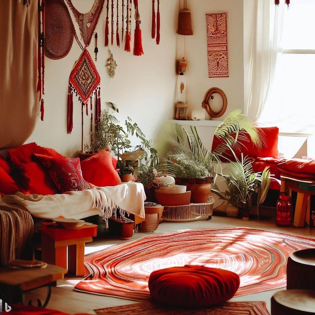 diseño de interiores boho con detalles en rojo 3