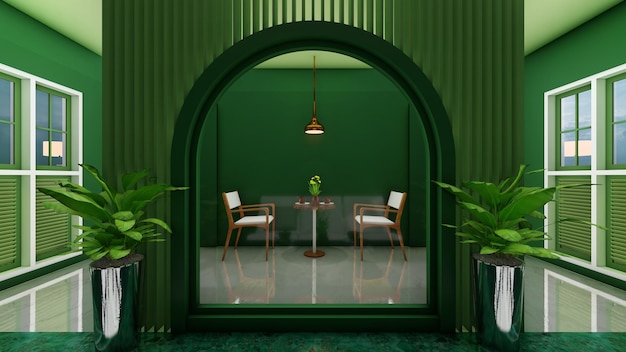 Diseño de interiores de cafetería, foto desde el exterior. representaciones 3d