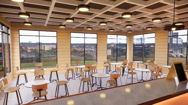 Diseño de interiores de cafetería moderna renderizado 3d