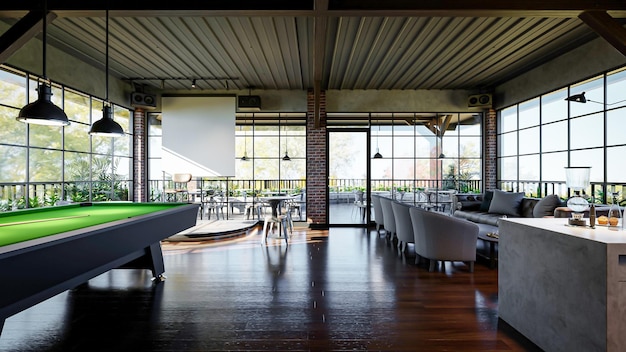 Diseño de interiores de cafetería de salón industrial de renderizado 3d