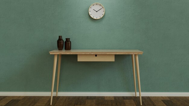 Foto diseño de interiores de casa elegante con jarrones en la mesa de madera y reloj decorado en la pared verde representación 3d