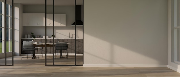 Diseño de interiores de cocina casera de lujo moderno con mesa de comedor y maqueta de pared blanca vacía