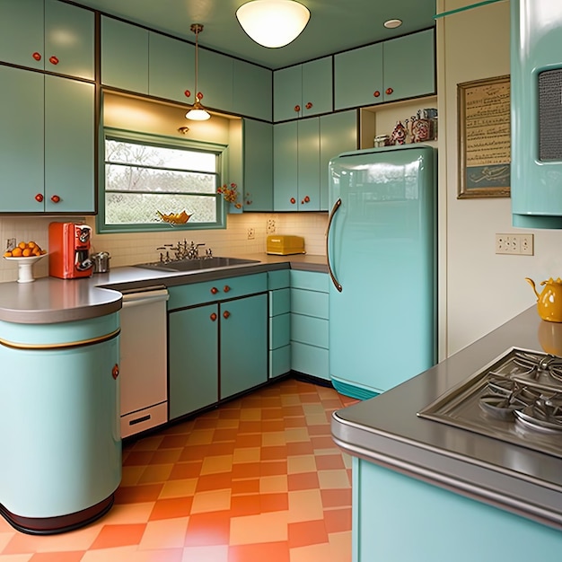 Diseño de interiores de cocina en estilo moderno de mediados de siglo IA generativa