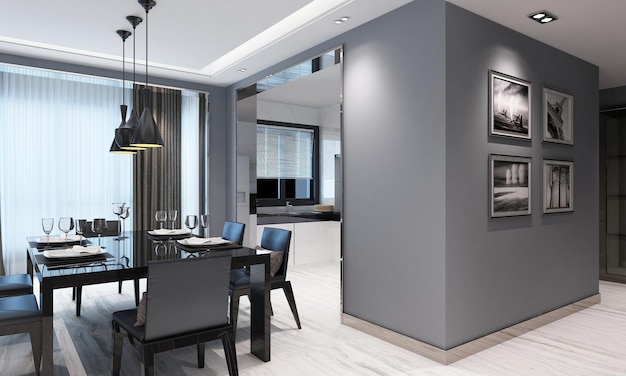 Diseño de interiores de cocina de estilo moderno con mesa, luz y silla, renderizado 3d
