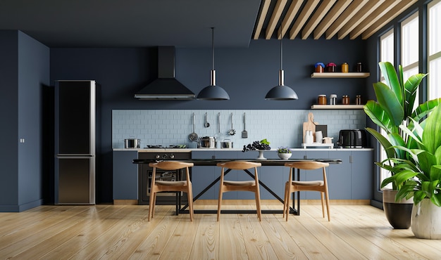 Foto diseño de interiores de cocina de estilo moderno con pared azul oscuro representación 3d