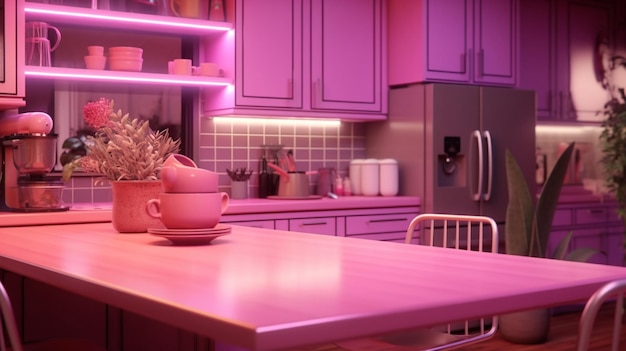 Diseño de interiores de cocina de granja moderna de color rosa Arte generado por IA